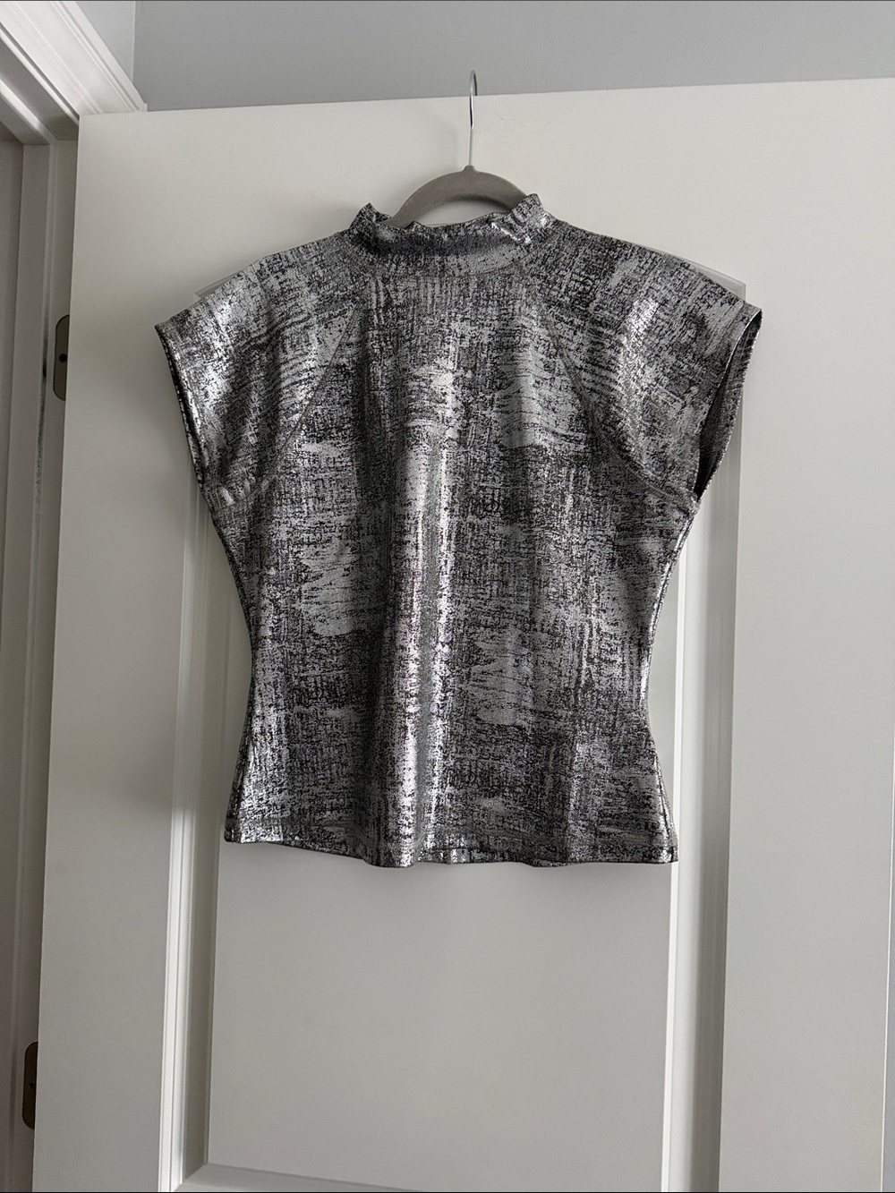 Metallic Silver Sleeveless Mock Neck Top